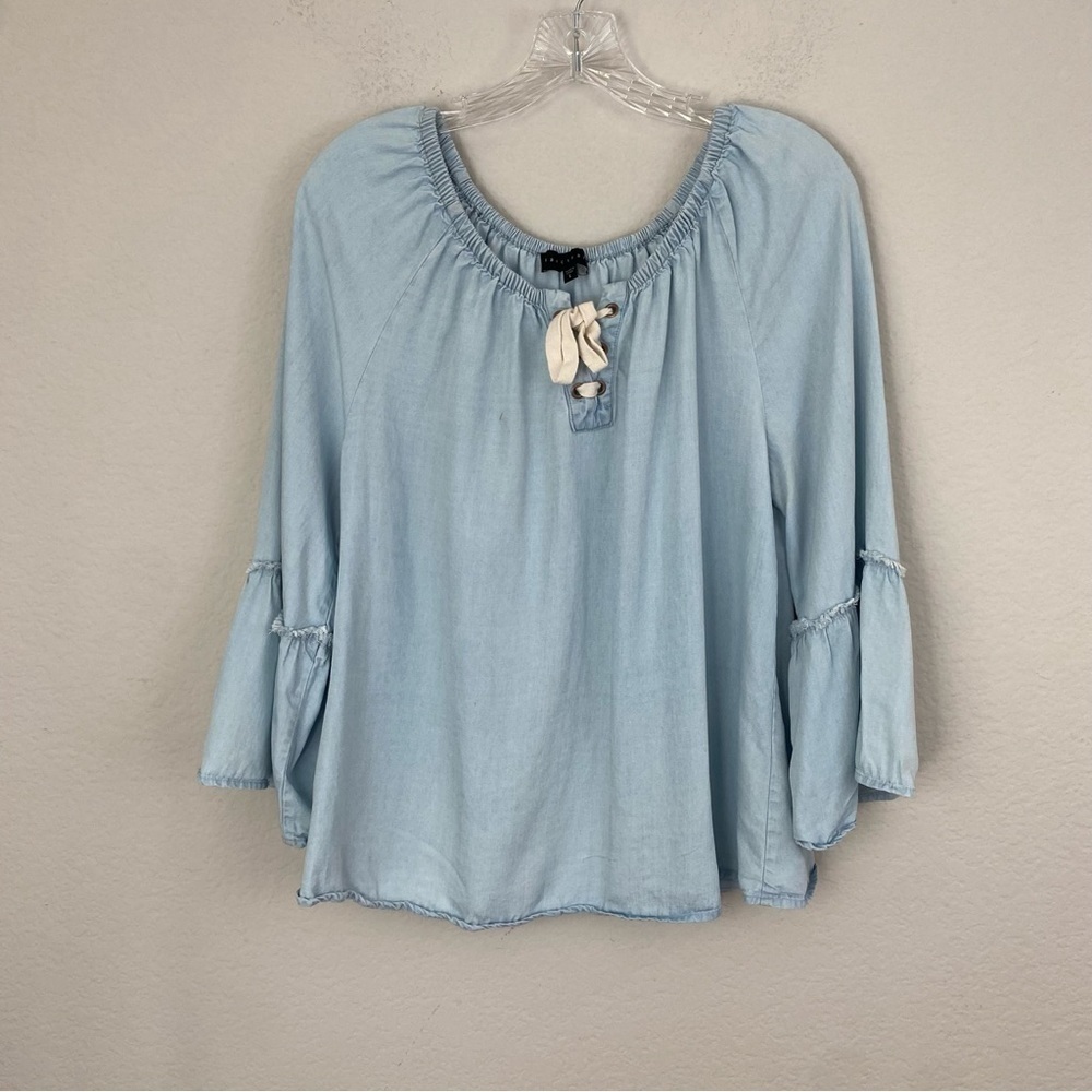 Sanctuary Chambray Blue Bell Sleeve Blouse Elastic Tie Front Accent L